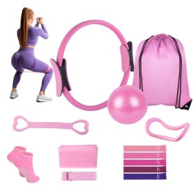 14Pcs Pilates Ring Essentials Kit For Women with Yoga Ball Arm Stretcher 5 Resistant Bands Figure 8 Resistant Band Elastic Band Non-slip Socks Yoga St (Color: Pink)